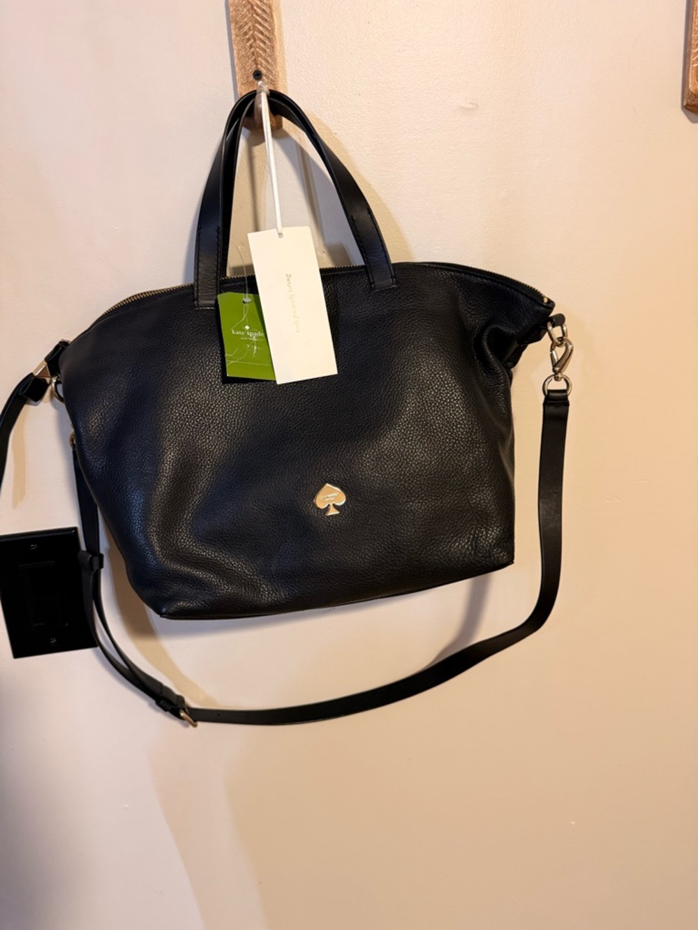 Kate Spade Black Pebbled Leather Shoulder Tote with Gold Spade